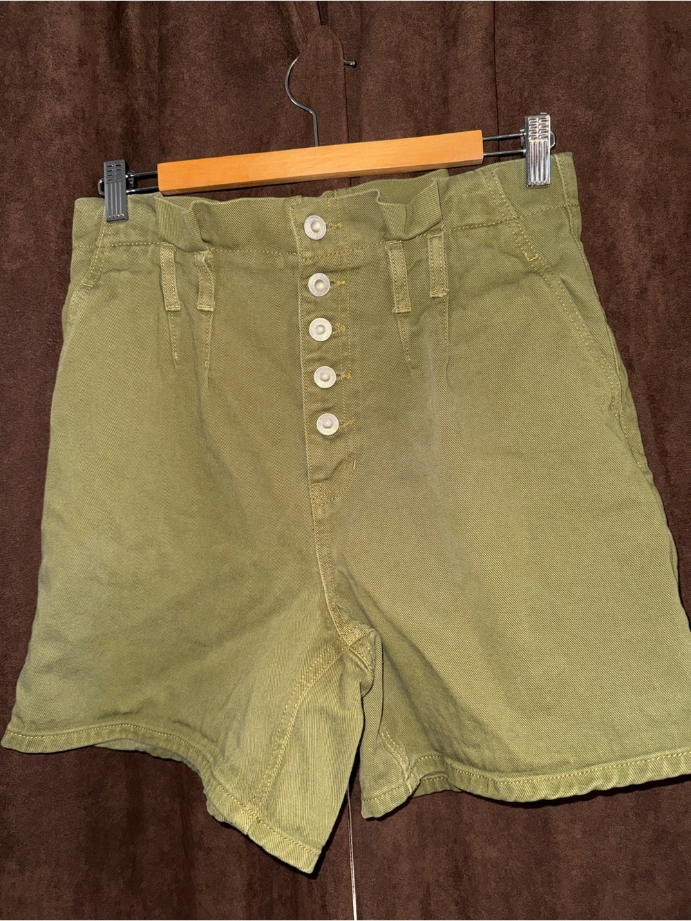 Free People Olive Green High-Waist Paperbag Button-Front Shorts - Picture 2 of 6